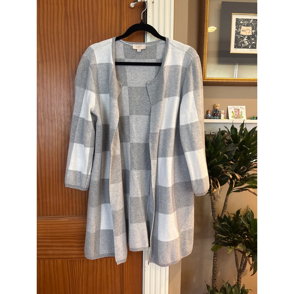 Loft Cardigan Women Grey White Buffalo Plaid Open Front Longline SIZE Large